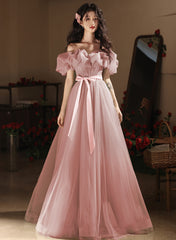 Lovely Pink Tulle Off Shoulder A-line Party Dress, Pink Tulle Long Prom Dress