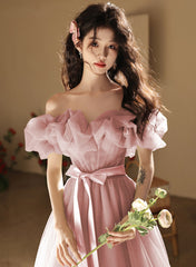 Lovely Pink Tulle Off Shoulder A-line Party Dress, Pink Tulle Long Prom Dress