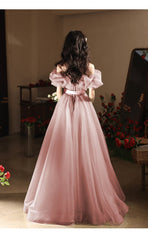 Lovely Pink Tulle Off Shoulder A-line Party Dress, Pink Tulle Long Prom Dress