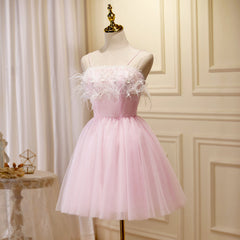 Lovely Pink Tulle Straps Knee Length Party Dresses, Pink Short Prom Dresses