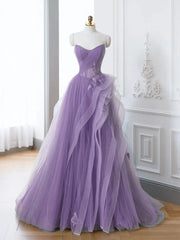 Lovely Purple A-line Tulle with Lace Applique Prom Dress, Purple Long Formal Dress