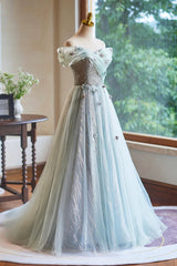 Lovely Tulle Floor Length Green Party Dress, Off the Shoulder A-Line Evening Dress