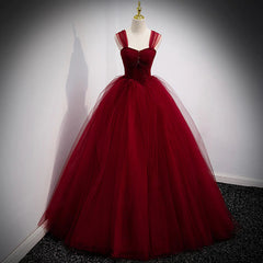 Lovely Wine Red Princess Tulle Beaded Long Party Dress, Dark Red Formal Gown