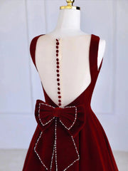 Burgundy Tea Length Velvet Prom Dress with Bowknot,  Burgundy Evening Party Dress