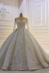 Luxury Long Ball Gown Lace Appliques Wedding Dress with Sleeves