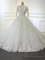 Luxury Long Ball Gown V Neck Lace Wedding Dresses with Sleeves