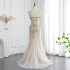 Luxury Mermaid Crystal Pearls Nude Tulle Long Prom Dress