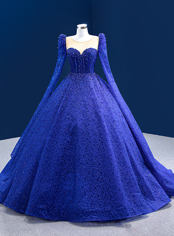 Luxury Royal Blue Long Sleeve Beading Prom Dress