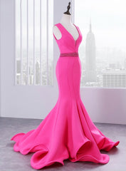 Luxury Satin Mermaid Satin V-neck Backless Prom Dress With Beading