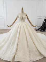 Luxury Tulle Sequins Long Sleeve Backless Beading Wedding Dress