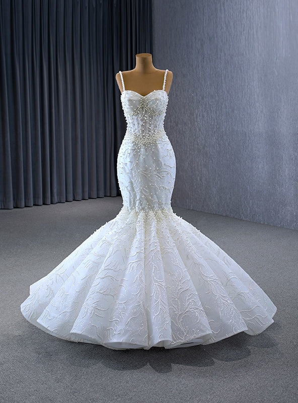 Luxury White Mermaid Straps Pearls Wedding Dress