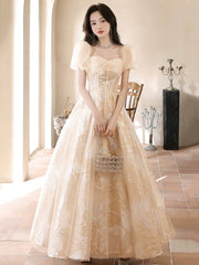 Champagne Tulle Floor Length Prom Dress, Cute Short Sleeve Evening Dress