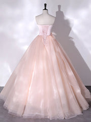 Pink Strapless Tulle Long Formal Dress, Pink A-line Prom Dress with Feathers