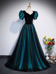 Unique Black Velvet and Tulle Long Prom Dress, A-Line Short Sleeve Evening Party Dress