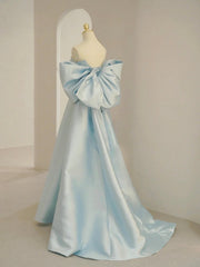 Charming Blue Satin Long Prom Dress with Big Bow, A-Line Sweetheart Neck Formal Dress