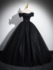 Sparkly Tulle Black Sweetheart Ball Gown, A-Line Off the Shoulder Evening Dress