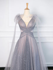 Gray Tulle V-Neck Floor Length Prom Dress, A-Line Backless Evening Party Dress