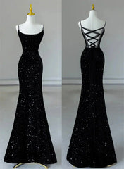 Black Mermaid Sequins Long Formal Dress, Black Straps Long Evening Dress