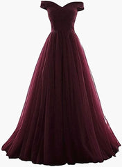 Maroon Off Shoulder Bridesmaid Dress  Long, Simple Tulle Dress