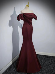 Maroon Satin Mermaid Off Shoulder Prom Dress, Maroon Party Dress