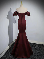 Maroon Satin Mermaid Off Shoulder Prom Dress, Maroon Party Dress