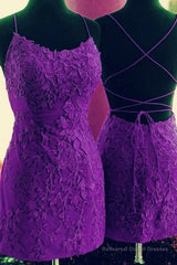 Mermaid Backless Purple Lace Prom Dresses, Mermaid Purple Homecoming Dresses, Short Purple Lace Formal Evening Dresses