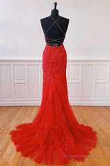 Mermaid Backless Red Lace Long Prom Dresses, Mermaid Red Formal Dresses, Red Lace Evening Dresses