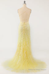 Mermaid Backless Yellow Lace Long Prom Dresses, Mermaid Yellow Formal Dresses, Yellow Lace Evening Dresses