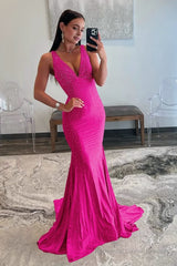 Mermaid Deep V-Neck Beaded Satin Long Prom Dress