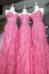 Mermaid Hot Pink Lace Long Prom Dress, Long Hot Pink Formal Graduation Evening Dress