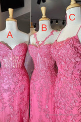 Mermaid Hot Pink Lace Long Prom Dress, Long Hot Pink Formal Graduation Evening Dress