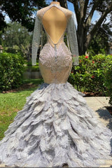 Mermaid Jewel Lace Sequined Open Back Floor-length Long Sleeve Lace Beading Prom Dress With Feather