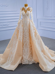 Mermaid Lace High Neck Long Sleeve Wedding Dress With Detachable Train