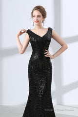 Mermaid Long V Neck Black Sequined Sheer Back Prom Dresses