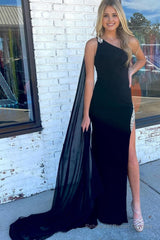 Mermaid One Shoulder Black Long Prom Dress with Split Front