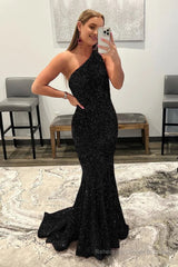 Mermaid One Shoulder Black Sequins Prom Dress