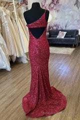 Mermaid One Shoulder Burgundy Sequins Long Prom Dress with Split Front