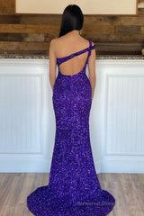 Mermaid One Shoulder Dark Purple Sequins Long Prom Dress