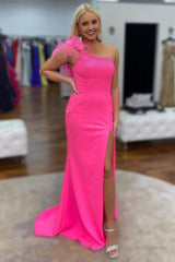 Mermaid One Shoulder Hot Pink Long Prom Dress with Feathers