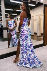 Mermaid One Shoulder Sequin Appliques Long Prom Dresses with Slit