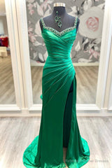 Mermaid Satin Long Prom Dress, Green Satin Evening Dress with Beaded