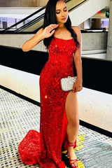 Mermaid Scoop Neck Red Sequins Prom Dresses with Slit