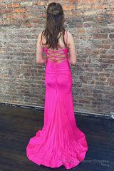 Mermaid Spaghetti Straps Hot Pink Long Prom Dress with Silt