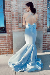 Mermaid Spaghetti Straps Light Blue Long Prom Dress with Open Back