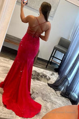 Mermaid Spaghetti Straps Red Long Prom Dress with Criss Cross Back