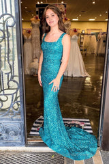 Mermaid Square Neck Sparkly Turquoise Sequins Long Prom Dress