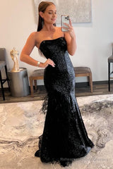 Mermaid Strapless Black Sequins Long Prom Dress with Feather