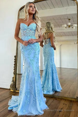 Mermaid Strapless Lace Prom Dress With Appliques