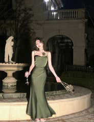 Mermaid Straps Satin Green Prom Dresses Formal Evening Dress