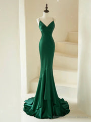 Mermaid V Neck Satin Green Long Prom Dress, Green Satin Long Formal Dress